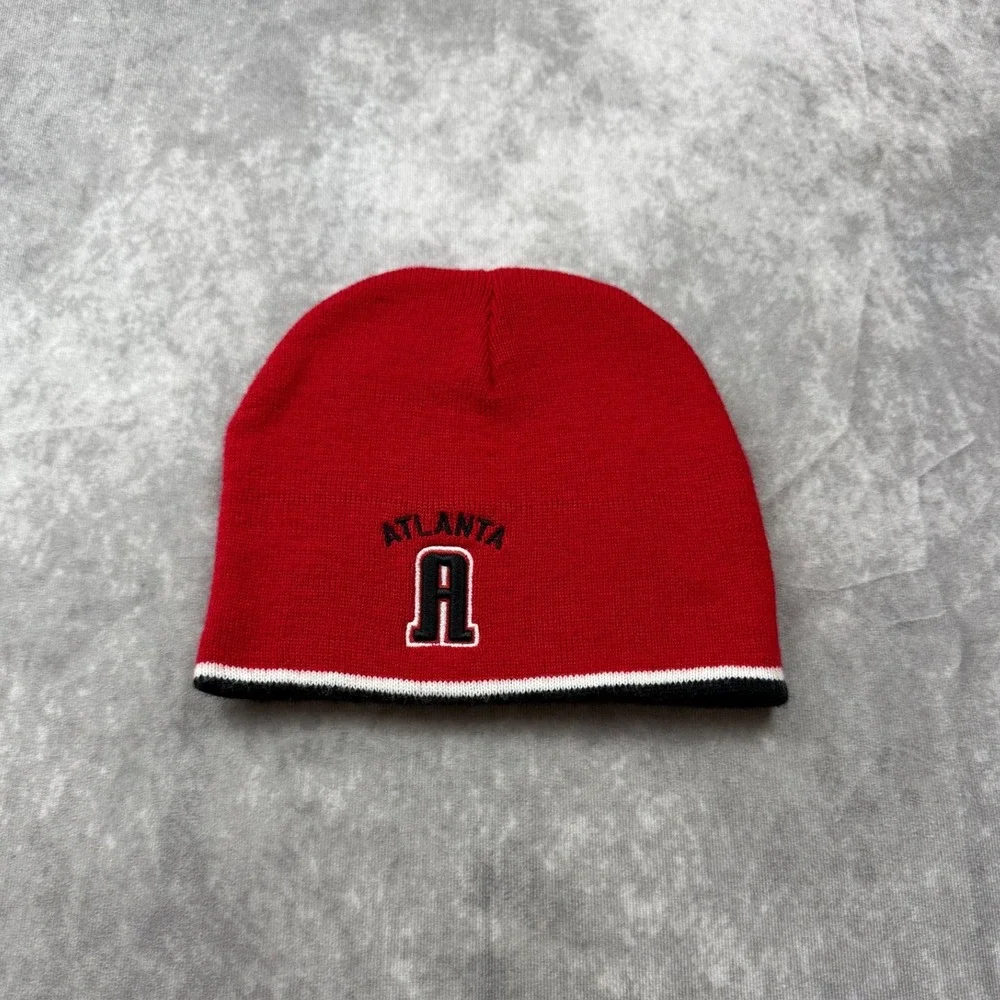 Atlanta Beanie Red Black White Striped Knit Skull Cap Hat Embroidered A Logo